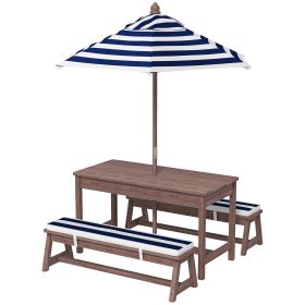 Outdoor Wooden Kids Picnic Table & Bench Set With Cushions And Umbrella, For Patio, Garden, Navy Blue (Color: Navy Blue)