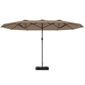 Garden Parasol 14.4 Ft. Double-Sided Sun Umbrella With Base, Patio Parasol With LED Solar Lights, Khaki (Color: Khaki)