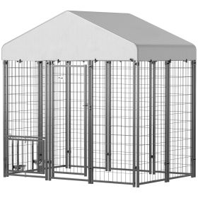 5.9 X 4 X 6 Outdoor Dog Kennel With Roof, Rotating & 4-Level Adjustable Bowls (Color: Grey)