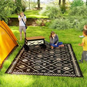 Reversible Outdoor Rug, Waterproof Plastic Straw With Carry Bag, 9 X 12, Black & Beige Rhombus (Color: Black)