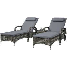 Patio Wicker Chaise Lounge Chair Set Of 2 With Table, Adjustable Backrest, Wheels, Cushion & Headrest, Gray (Option: Gray)