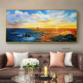 Handmade Hand Painted Wall Art On Canvas Horizontal Panoramic Abstract Modern Landscape Nightfall Sea Sky Home Living Room hallway bedroom luxuri (size: 40X80cm)